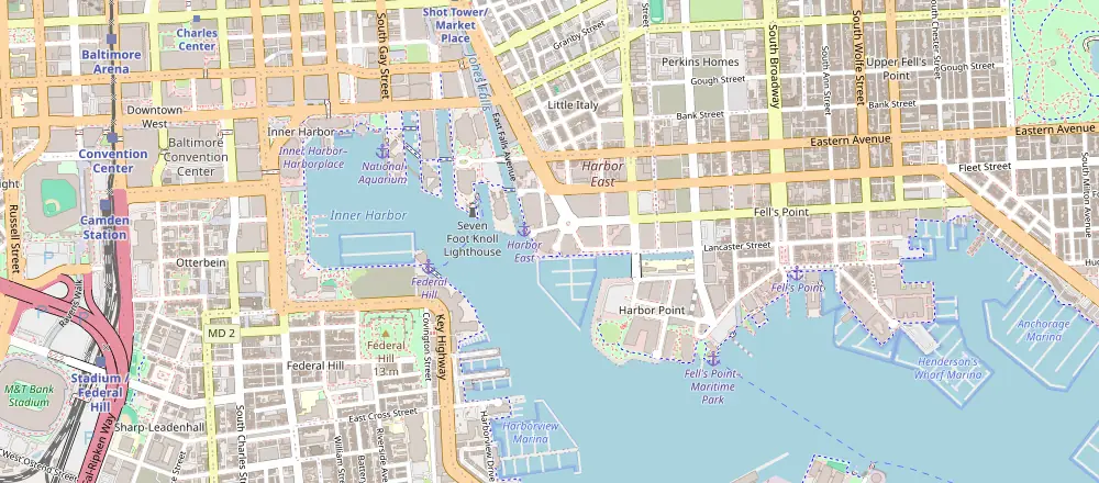 Mapa de Baltimore com os hotéis próximos