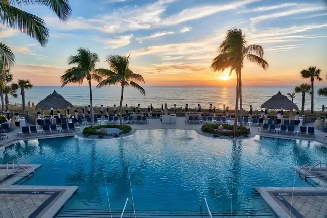 Ritz-Carlton em Sarasota, área da piscina com espreguiçadeiras e palmeiras